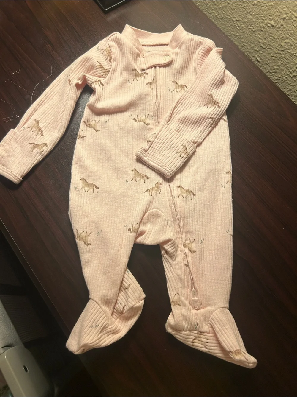 Carter's Light Pink Ribbed Footed One-Piece with Horse Print